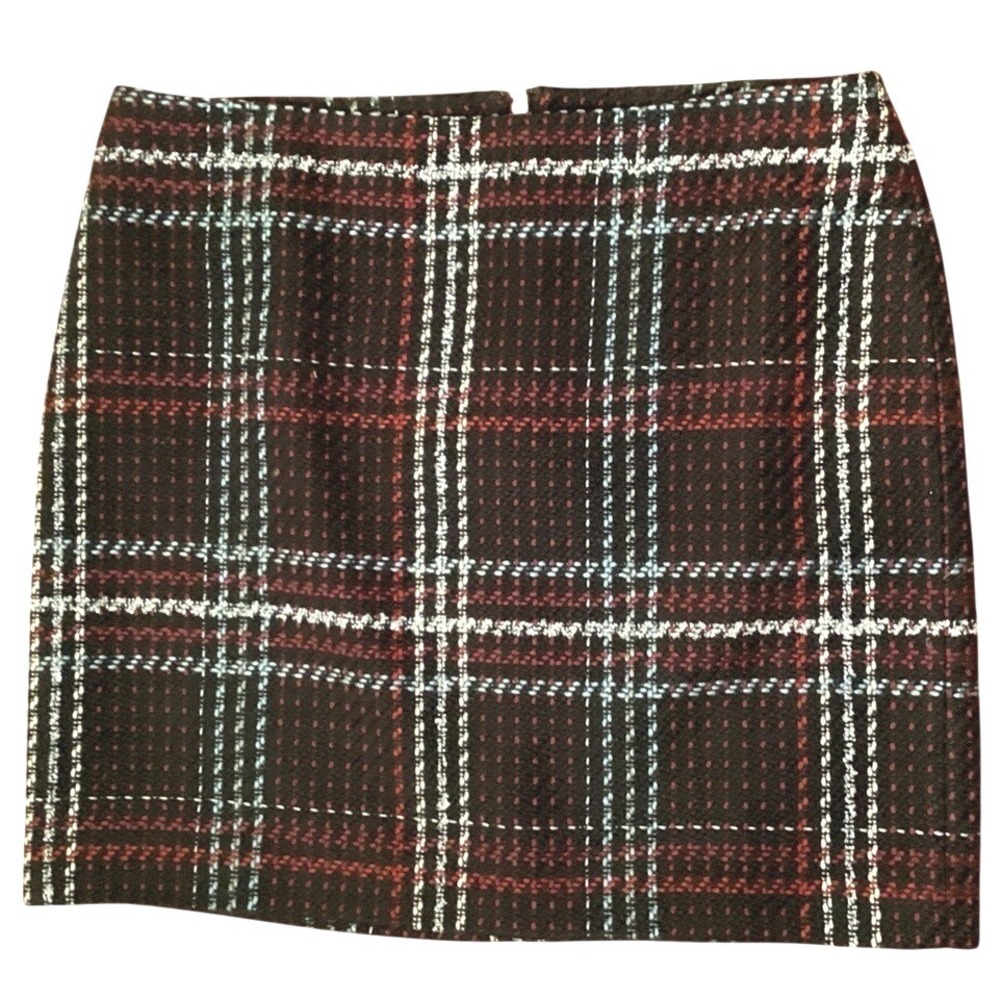 White House Black Market Plaid Tweed Mini Skirt Burgundy Black Metallic Size 10